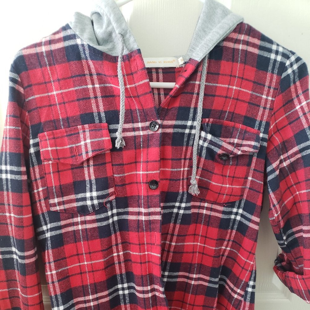 Plaid shirt jacket with hood